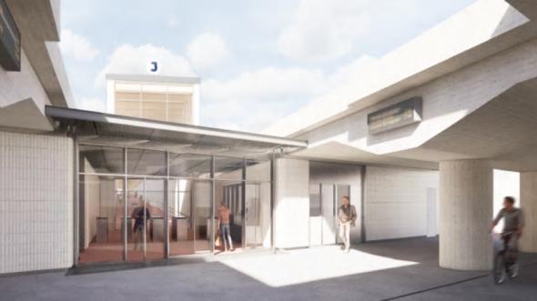 2025 står en ny sydlig entré till Häggviks station klar. Illustration från Trafikverkets arbetsmaterial på hur entrén planeras se ut, mellan befintliga spår.