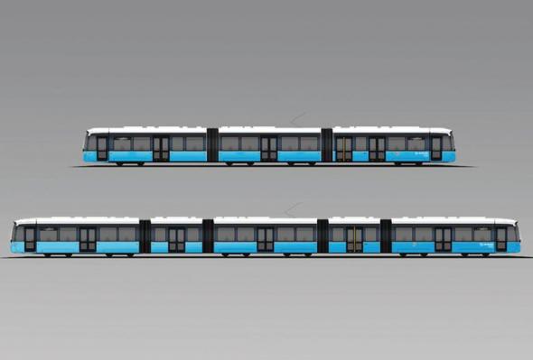 Spårvagn av typen M34 är 12 meter längre än föregångaren M33, överst i bild.